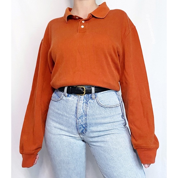 Vintage Sweaters - Vintage Oversized Autumn Orange Collared Henley Knit Pullover Sweater